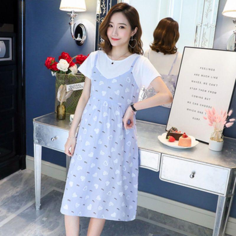 Korean Style Maternity Dress - Loose, Large Size, Medium To Long, Knee-Length Two-Piece for Summer & Autumn