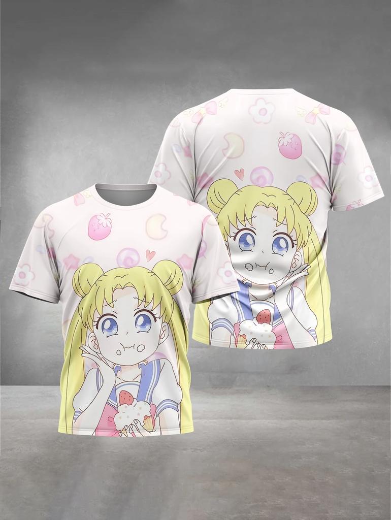 2026 Summer Sailor Moon Retro Cosplay T-shirt Oversized 3D Printed Short-sleeved Family Unisex Children's Sports Shirt