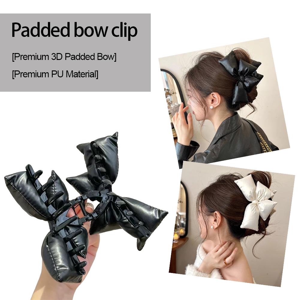 1 Pcs Black Leather Cotton Stuffing Bow Claw Clip,Large Jaw Clips for Thick Hair,No-slip Fashion Winter Hair Accessory for Girls