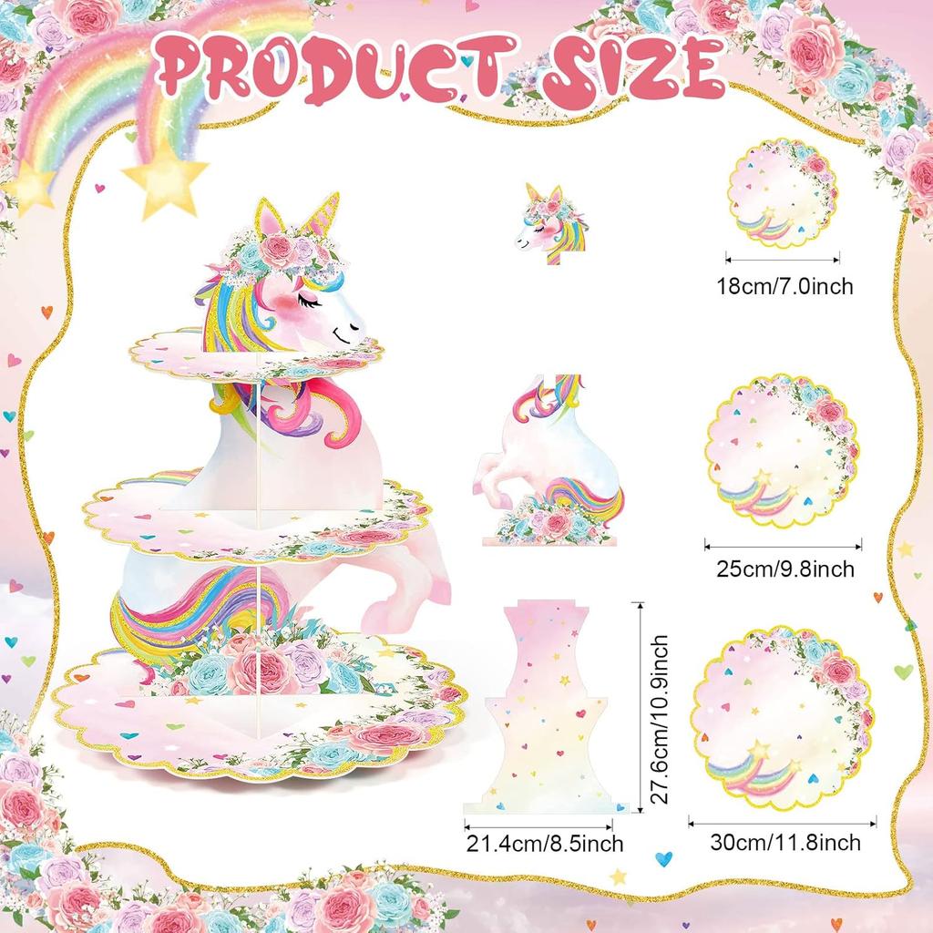 3 Tier Unicorn Cupcake Stand Party Decorations Rainbow Unicorn Birthday Cupcake Holder Dessert Tower for Kids Party Baby Shower Wedding Family, Cute