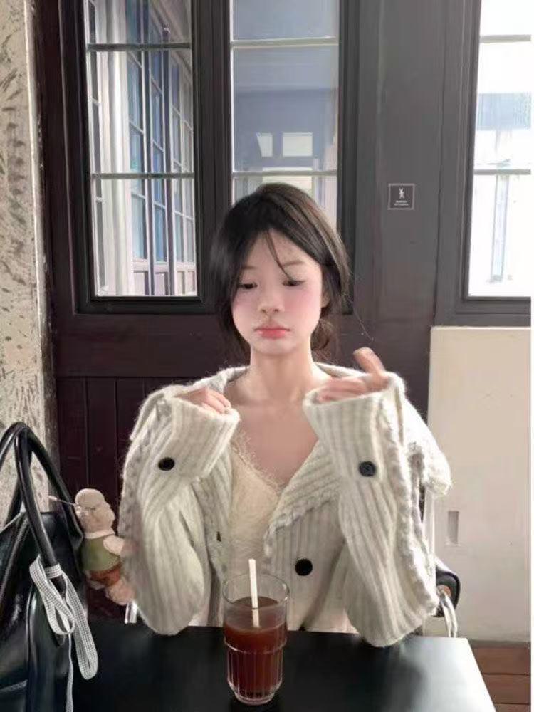 Women's Large Lapel Short Cardigan Jacket - 2026 Autumn/Winter Knit Drawstring Long-Sleeve Button-Up Sweater