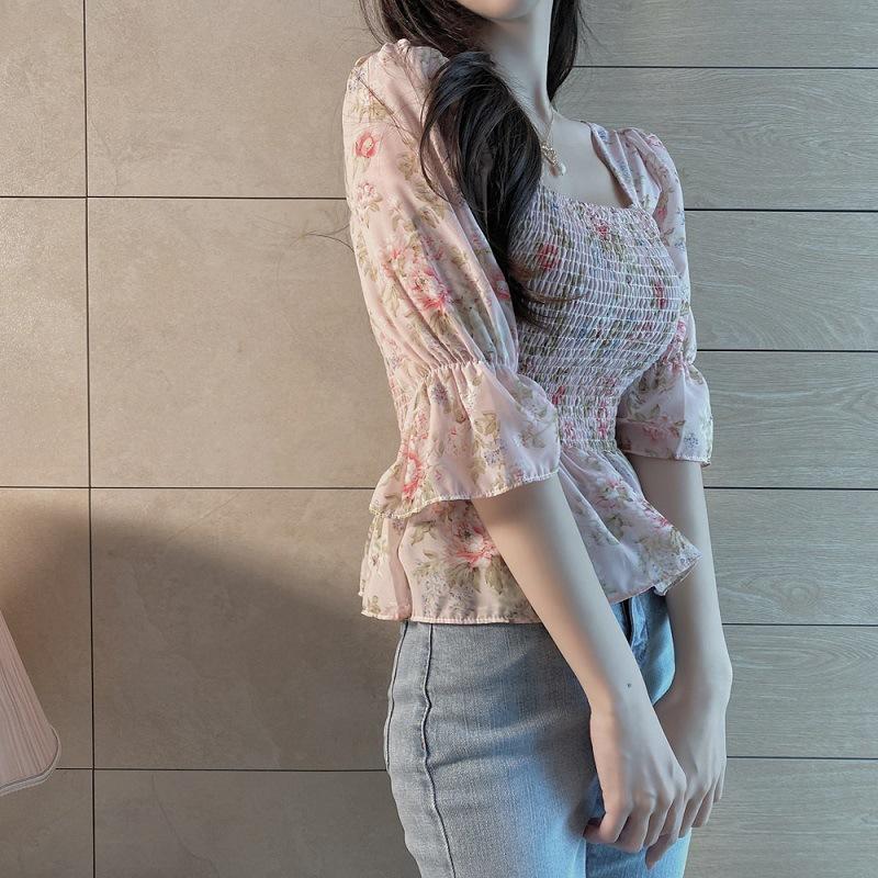 Chemisiers Femme Slim Imprimé Floral Manches Lanterne Élégant Tempérament Féminin Écolières Été Tout-match Loisirs Vêtements De Vacances