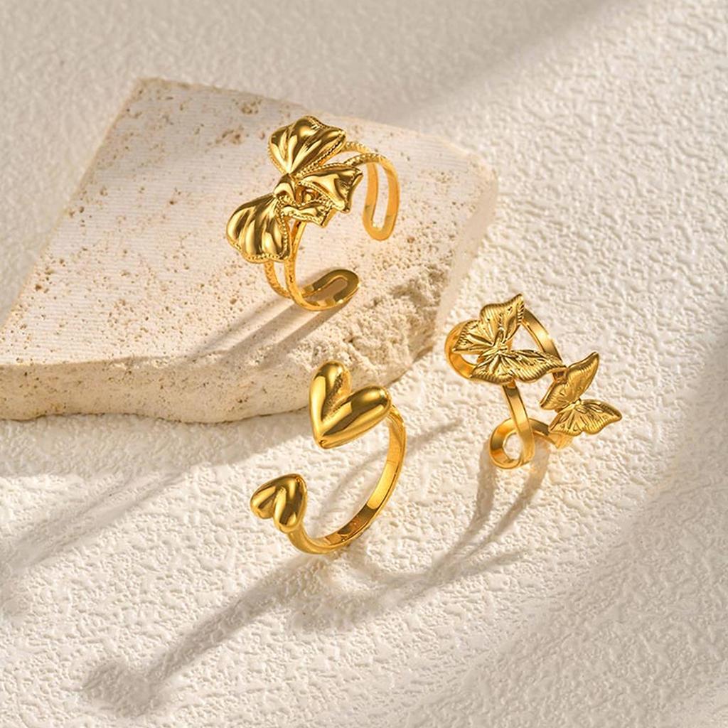 Open Adjustable Butterfly Heart Ring for Women, Hypoallergenic Stainless Steel Gold Color Aesthetic Fashion Jewellry Accessories