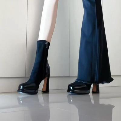 Thick-soled Thick-heeled Elastic Thin Boots Waterproof Table Simple Single Boots Merad Square Head High-heeled Short Boots Women's New Models