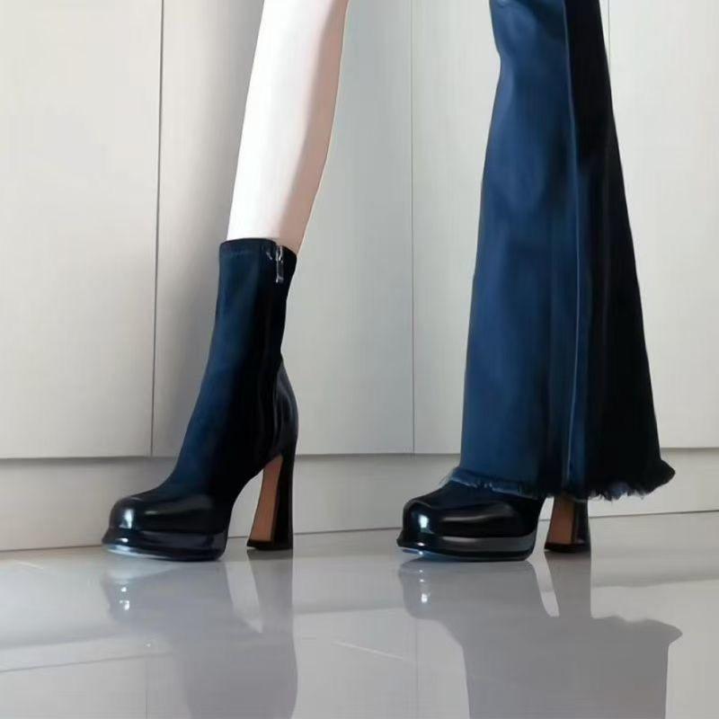 Thick-soled Thick-heeled Elastic Thin Boots Waterproof Table Simple Single Boots Merad Square Head High-heeled Short Boots Women's New Models