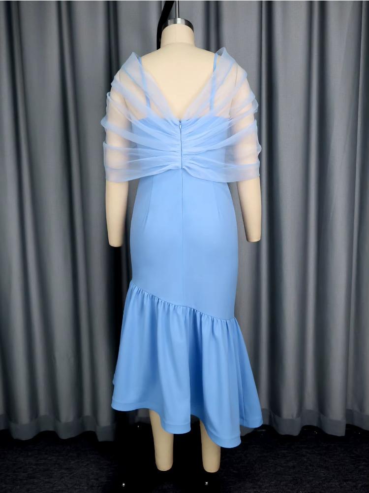 Elegant Evening Long Dresses for Women Cold Shoulder Organza Patchwork High Waist Package Hip Fishtail Ruffles Cocktail Outfits