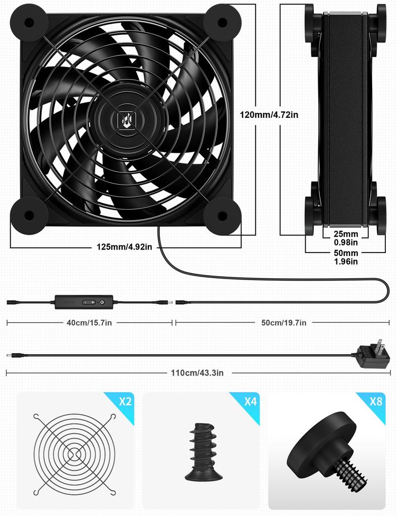 Novonest U3DC1 Compact Ventilation Quiet Mini PC Cooling Cooler with Airflow 120mm DC 12V Single Fan Fan, Fan, Fan, 5-Level Adjustment, Fan, DC,