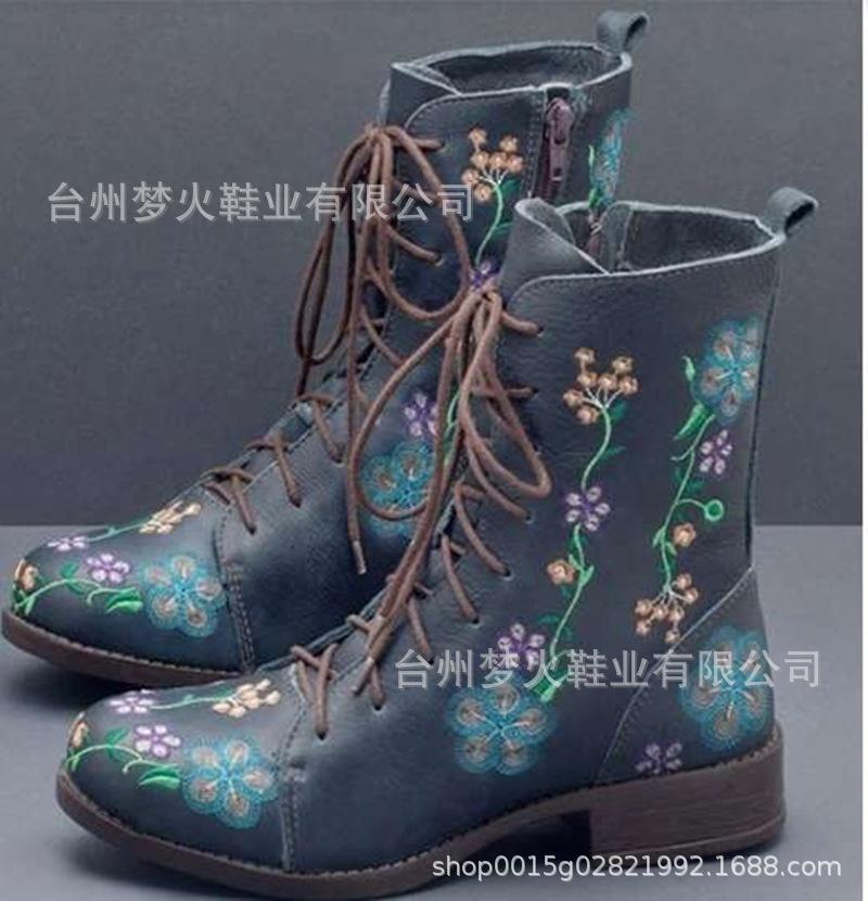Retro Women's Boots Winter New Round Head Thick Heel Lace-up Embroidered Short Boots Women's Shoes