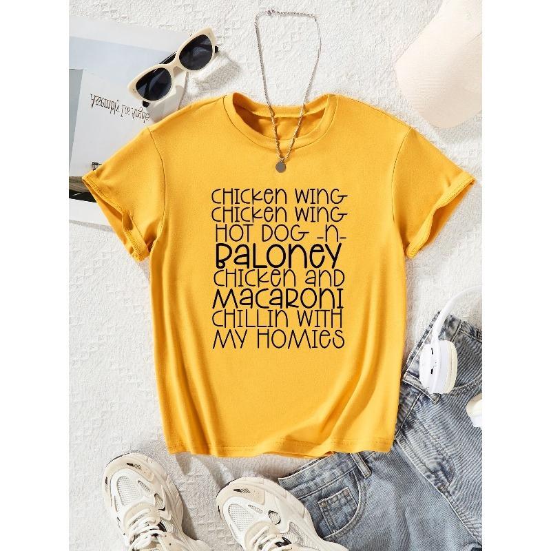 

European sizes Girls Summer Fashion Casual Chicken Wing My Homies Letter Printed T-Shirt, Short Sleeve Round Neck Top With Trendy Graphic Design 164cm жовтий