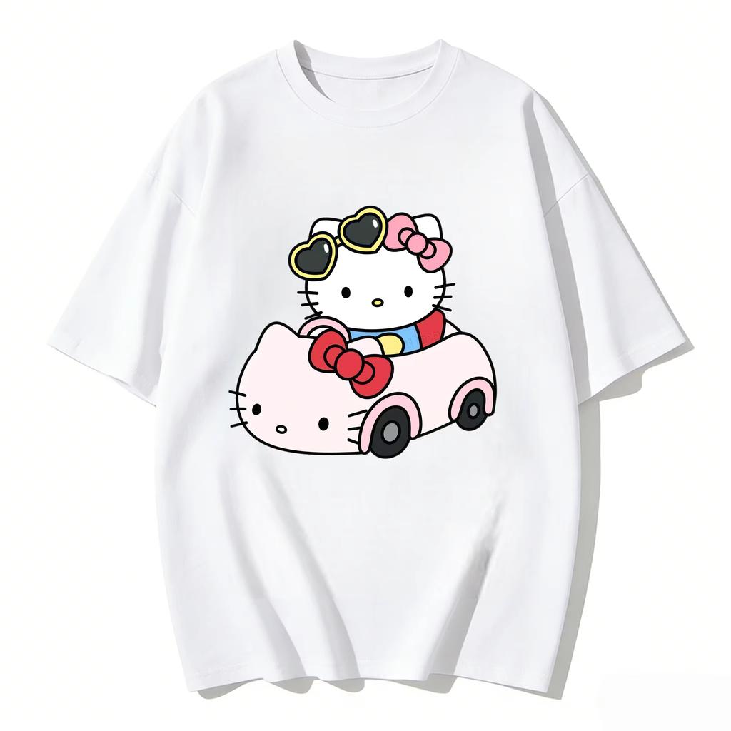 2026 New Summer HelloKitty Cute Graphic Tee Casual Short Sleeve Cotton Top for Women Girls Kawaii Cartoon Print Streetwear