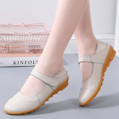 Primavera Nuevo Versión Coreana Talla Grande Zapatos de Mujer de Piel de Vaca Planos Casuales Zapatos de Madre de Mediana Edad y Anciana Zapatos Individuales con Velcro para Mujer