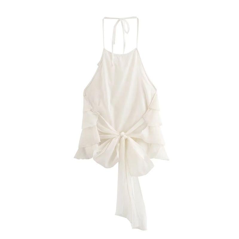 Jnleaog Summer New Arrival Women's Clothing Fashion Style French Style Design Easiest for Match Laminated Decoration Hanging Collar Tops