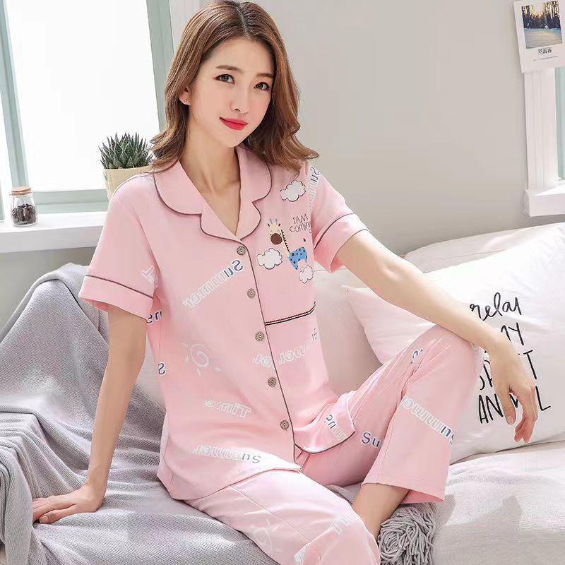 Summer cotton pajamas women's short-sleeved trousers middle-aged women's plus-size cardigan set thin loungewear