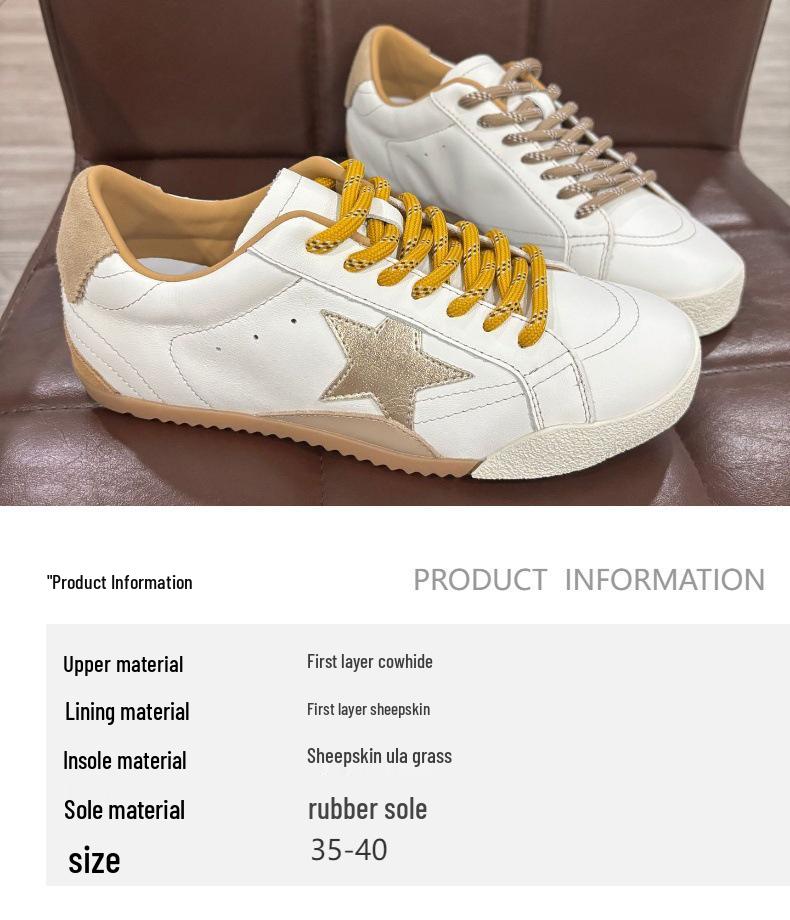 Women's Autumn Star Sneakers: Top Layer Cowhide with Sheepskin Lining, Breathable White Soft Sole Casual Shoes