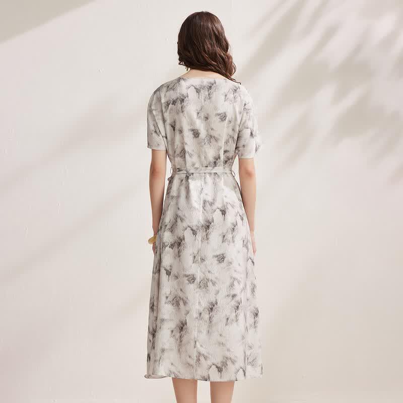 Artistic Floral Print Mulberry Silk Short-Sleeve Midi Dress