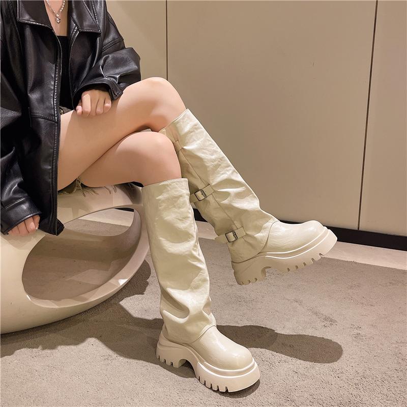 Muffin Thick-soled Black Trouser Boots Women's European and American Sweet and Cool Wind Round Head Thick Heel Belt Buckle But Knee High Knight Boots