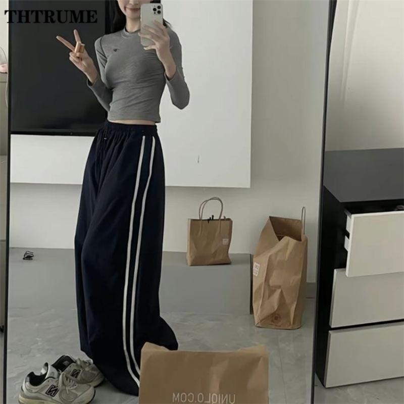 Pantaloni larghi Hip Hop oversize Moda Donna Tasca a righe Vita alta elasticizzata Pantaloni cargo Streetwear Pantaloni della tuta Larghi Nuovi Pantaloni