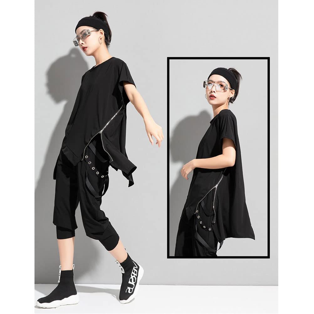 Morino Asymmetrical Zip Drop for Men and Modern T-Shirt, Shoulder, Sleeveless, Oversized, Flattering, Unisex, Women, V-kei, Style, Black/White (Black)