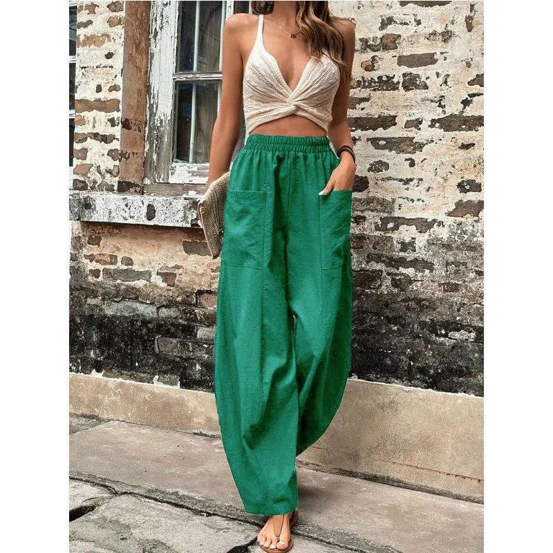 Pantaloni Dritti Casual Monocolore con Elastico in Vita e Tasche da Donna Moda Estiva Larghi Pantaloni da Donna Pantalon