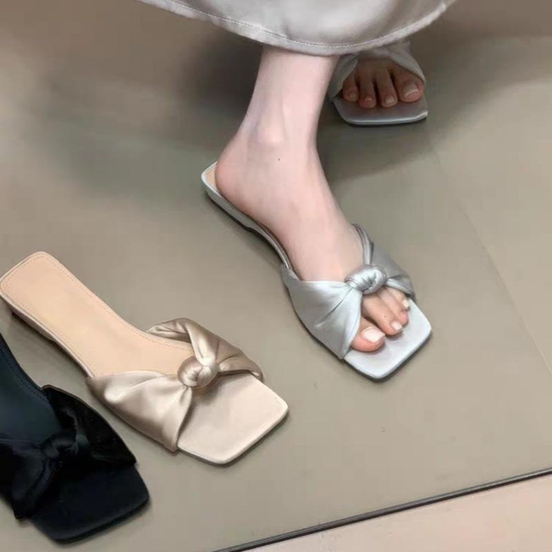 New Wedding Slippers with Butterfly-knot Bride Bridesmaid Party Gift Indoor Shoes Satin Low-heeled Slides Zapatos Mujer