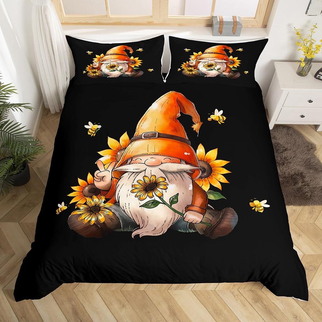 Purple Lavender Dwarf Duvet Cover King Queen Kawaii Cartoon Gnome Bedding Set Spring Flowers Comforter Cover Floral Quilt Cover
