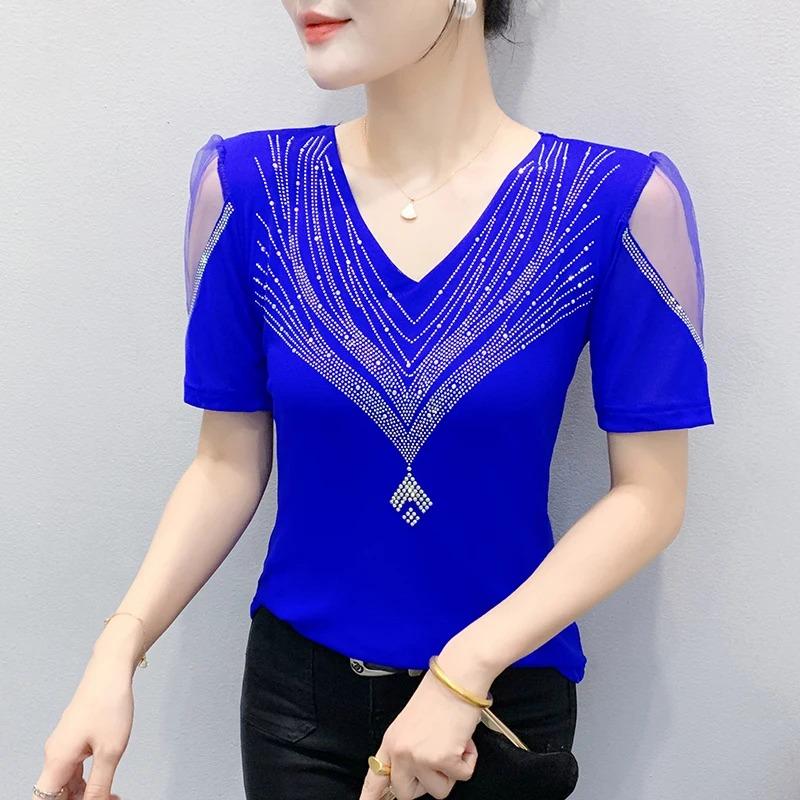 Summer V Neck Mesh Korean Fashion Patchwork Diamond Shirt Short Sleeve Women T Shirt