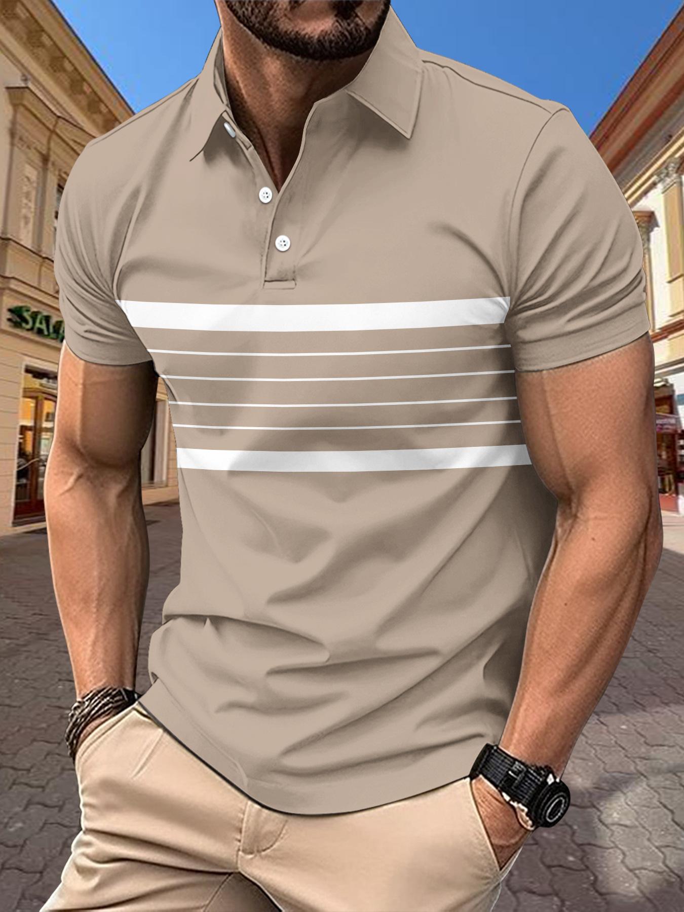 New Men s Casual POLO Shirt Summer Lapel Buttons Striped Casual Versatile T-shirt Tops S хаки