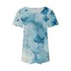 Women's Fashionable Casual Pleated Round Neck Striped Flower Printed Short Sleeved T Shirt Top