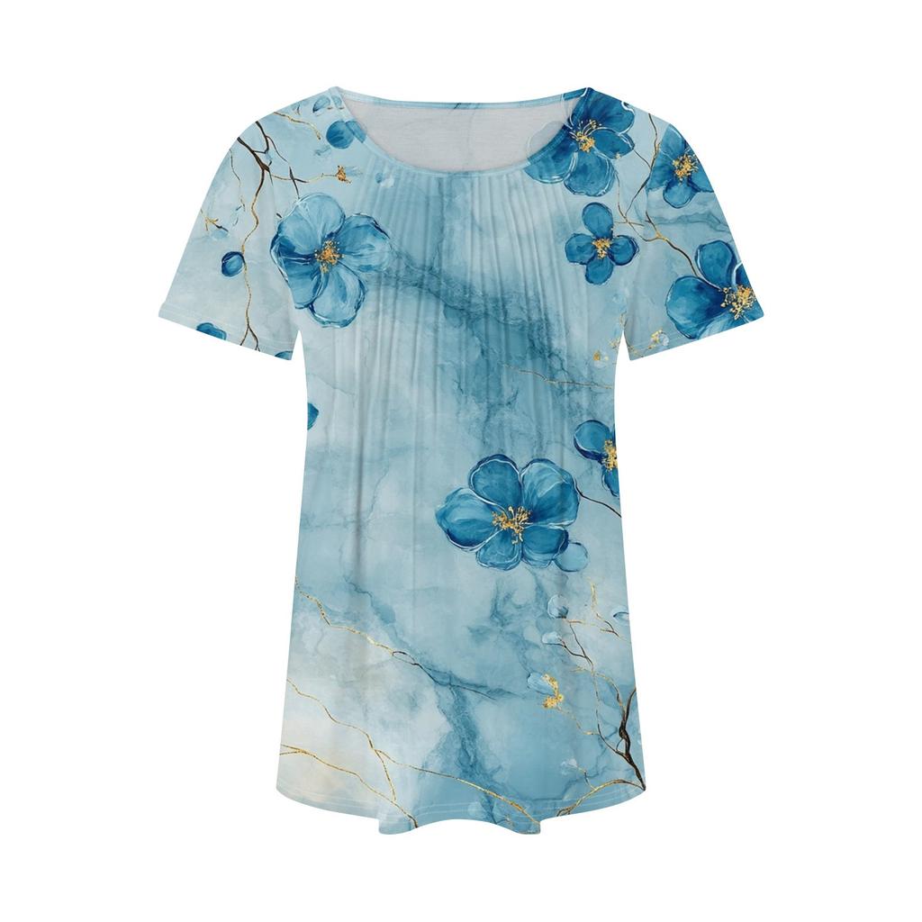 Women's Fashionable Casual Pleated Round Neck Striped Flower Printed Short Sleeved T Shirt Top