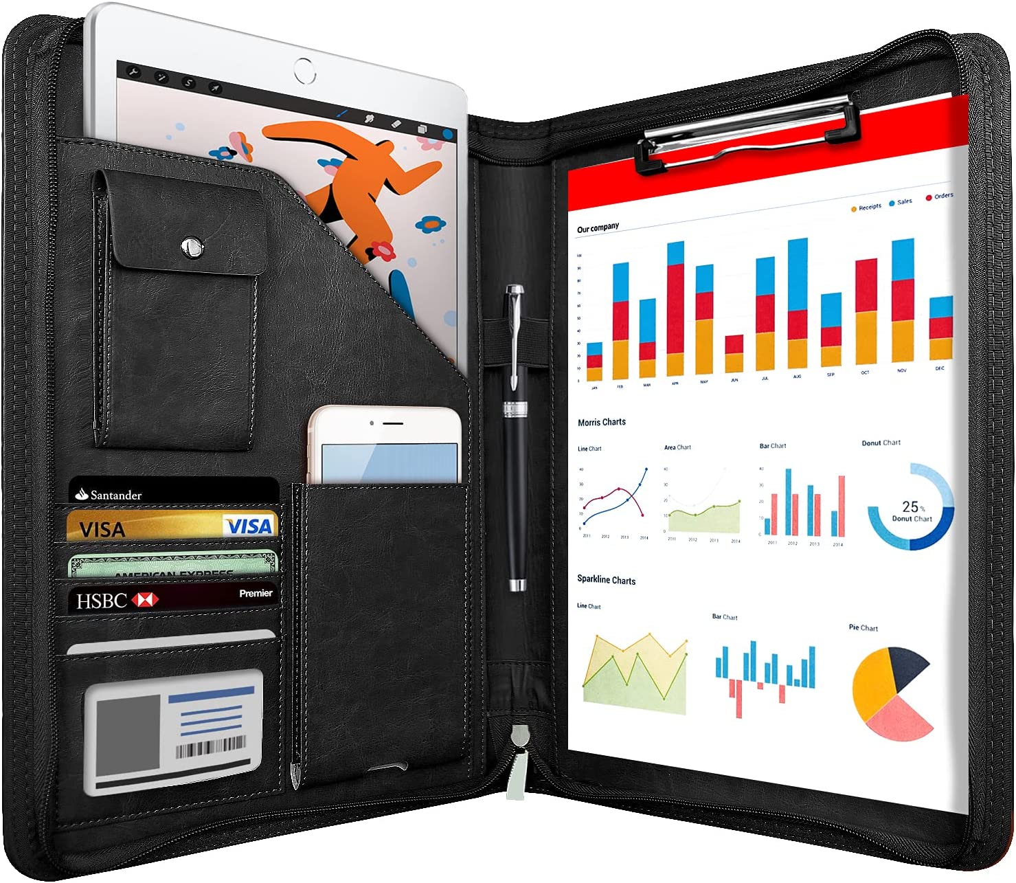 Organizador Padfolio com Zíper Pasta Binder de Planejamento em Couro Pasta Portfólio de 10,2 Polegadas para Documentos Tamanho Carta Porta-Cartões de Visita black