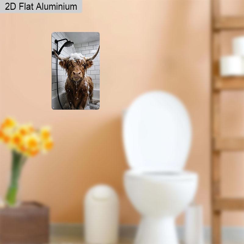 2D Flat, 1pc Funny Highland Cow In Shower Aluminium Metal Wall Decor Sign - 8"x12" Humorous Bathroom Decor, Cute Highland Cattle Bathtub Wall Art