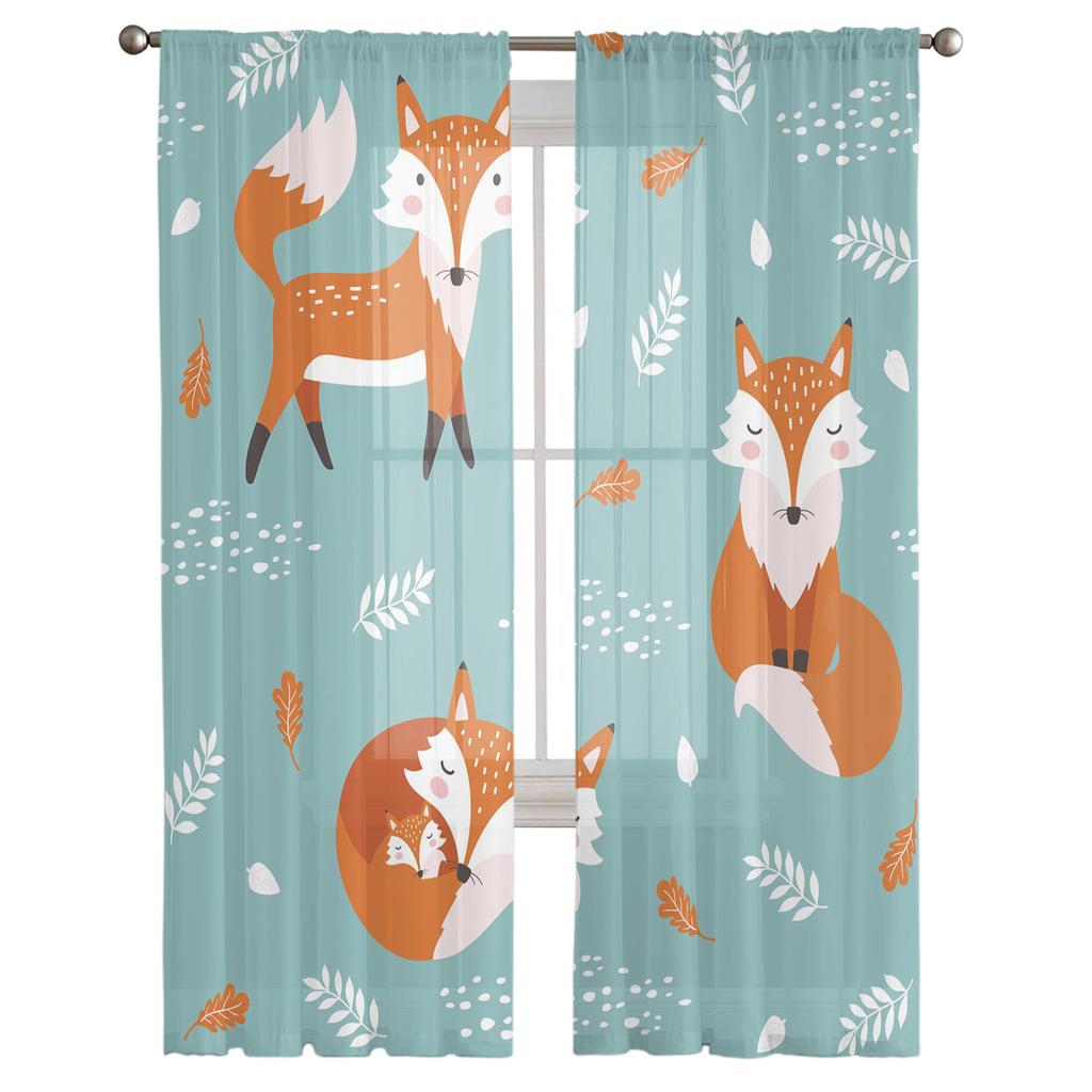 Fox Orange Blue Leaves White Dots Tulle Sheer Window Curtains for Living Room Kitchen Children Bedroom Voile Hanging Curtain