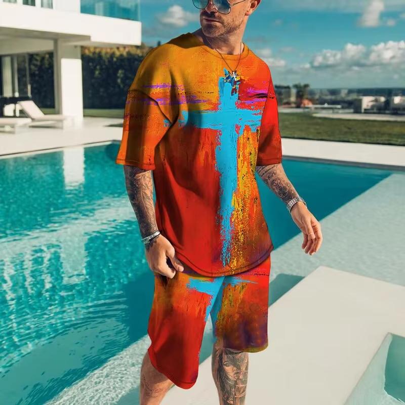 Fashionable Men's Sportswear Summer Beach Short Sleeved 3D Printed Shirt Set Street Wear T-shirt Shorts Men's Loose, Soft, Comfo