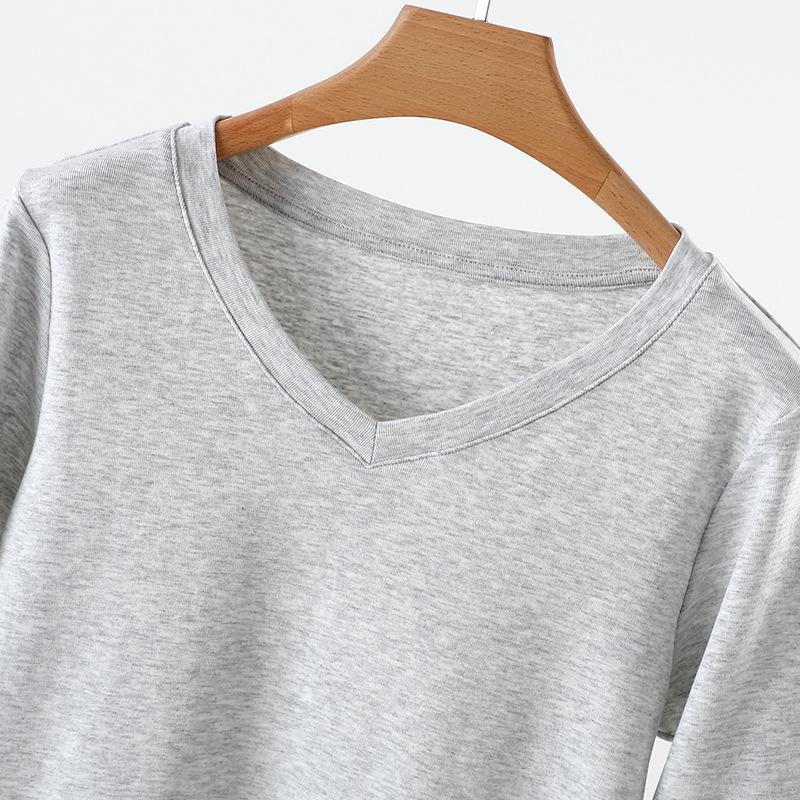 Women's V-Neck Mid-Sleeve Cotton T-Shirt - 2025 Spring/Summer Collection, Fitted Waist, Solid Color