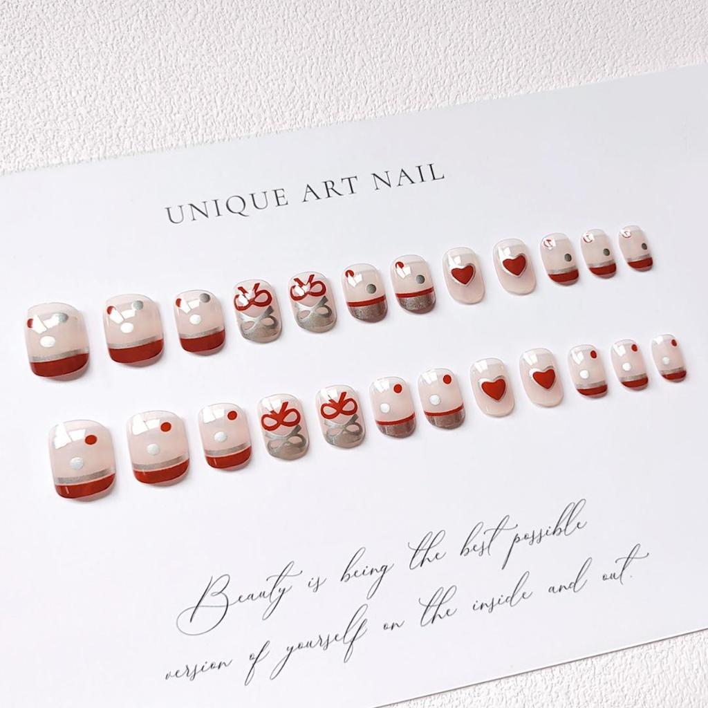 C630-Wearable Cute Cartoon Bow Nail Stickers for Girls - French Heart False Nail Art Patches