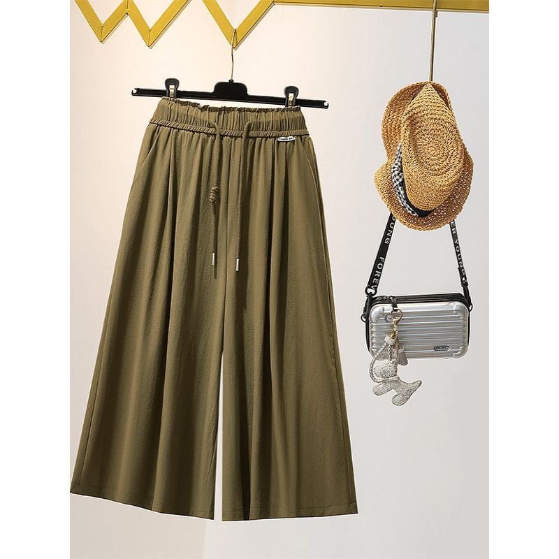 Japanese and Korean Plus Size Women's Clothing Artsy Summer High Waist Shoelace Thin Tencel Casual Cropped Wide Leg Culottes Trendy M-4XL
