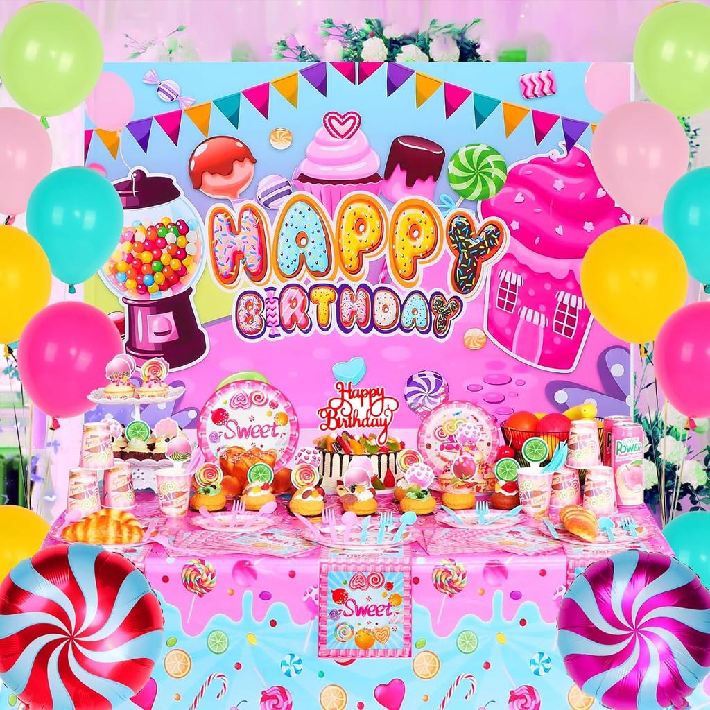206 PCS Candyland Party Decorations, Candy Land Decoration with Candy Balloons, Lollipop Backdrop, Tablecloth, Candyland Birthday Banner, Cake