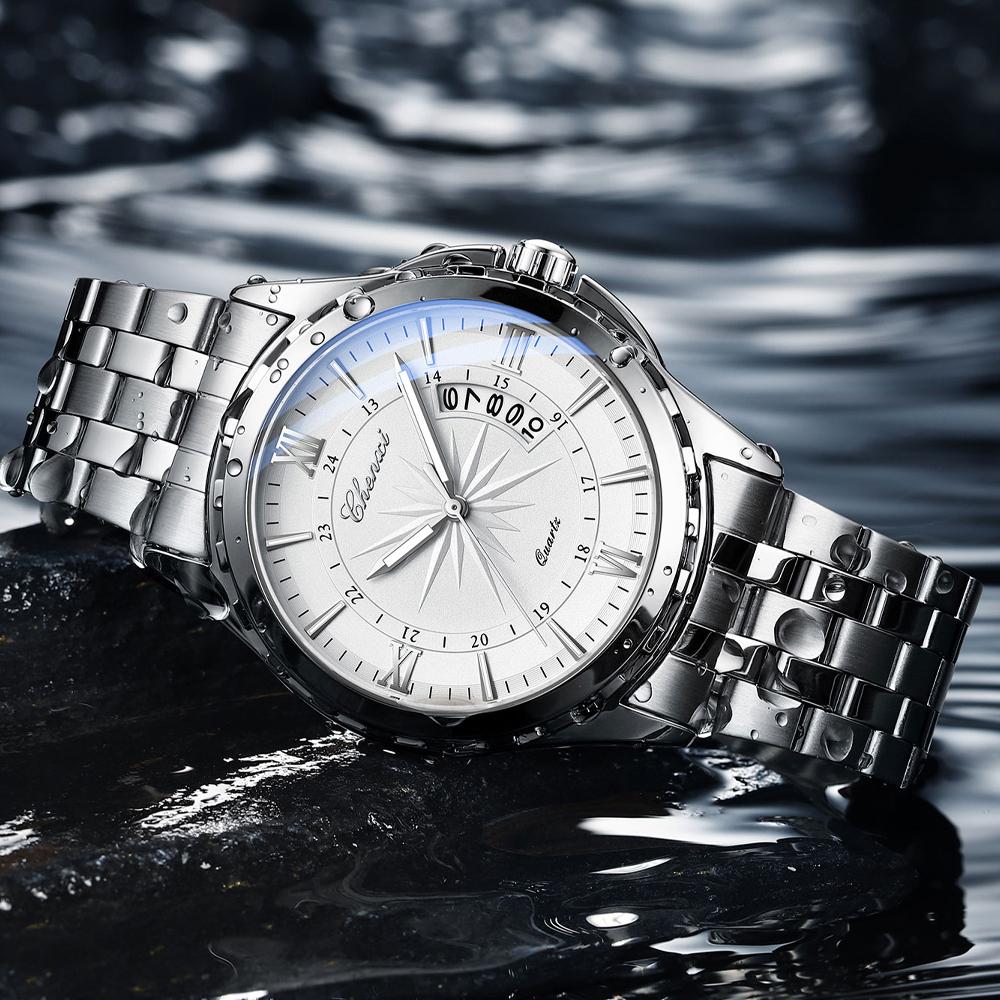 Montre-bracelet étanche lumineuse en acier inoxydable pour homme, montre à quartz simple avec calendrier, montre d'affaires tendance pour homme