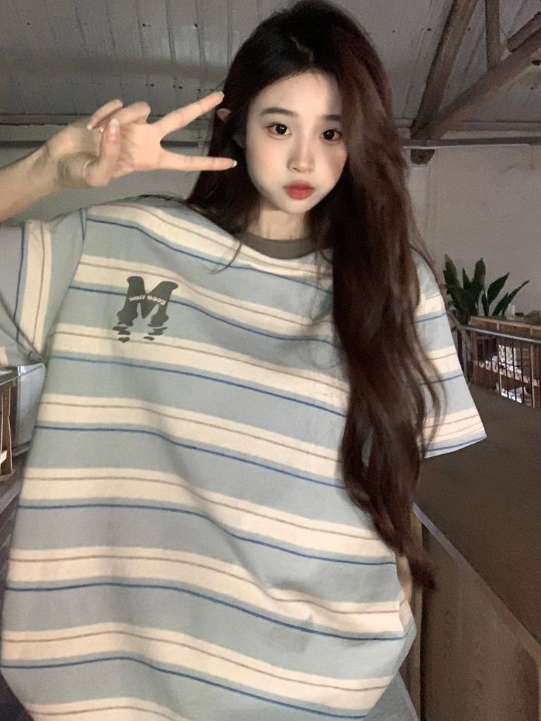 Cloud Color Short-sleeved T-shirt Women Summer Printing Loose Color Collision O-neck Versatile Tees Korean Women