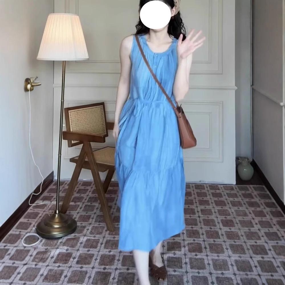 Niche design blue sleeveless vest dress children's summer new French holiday dress