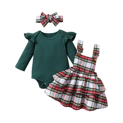 Roupas de outono para meninas, macacão de manga comprida com gola redonda e babados, saias suspensórias xadrez, faixa de cabeça, conjunto de 3 peças