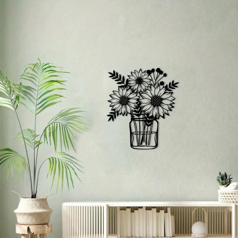 Modern Black Metal Sunflower Lily Wall Vase Set - 3D Floral Sculpture for Living Room, Kitchen Decor, Unique Housewarming Gift