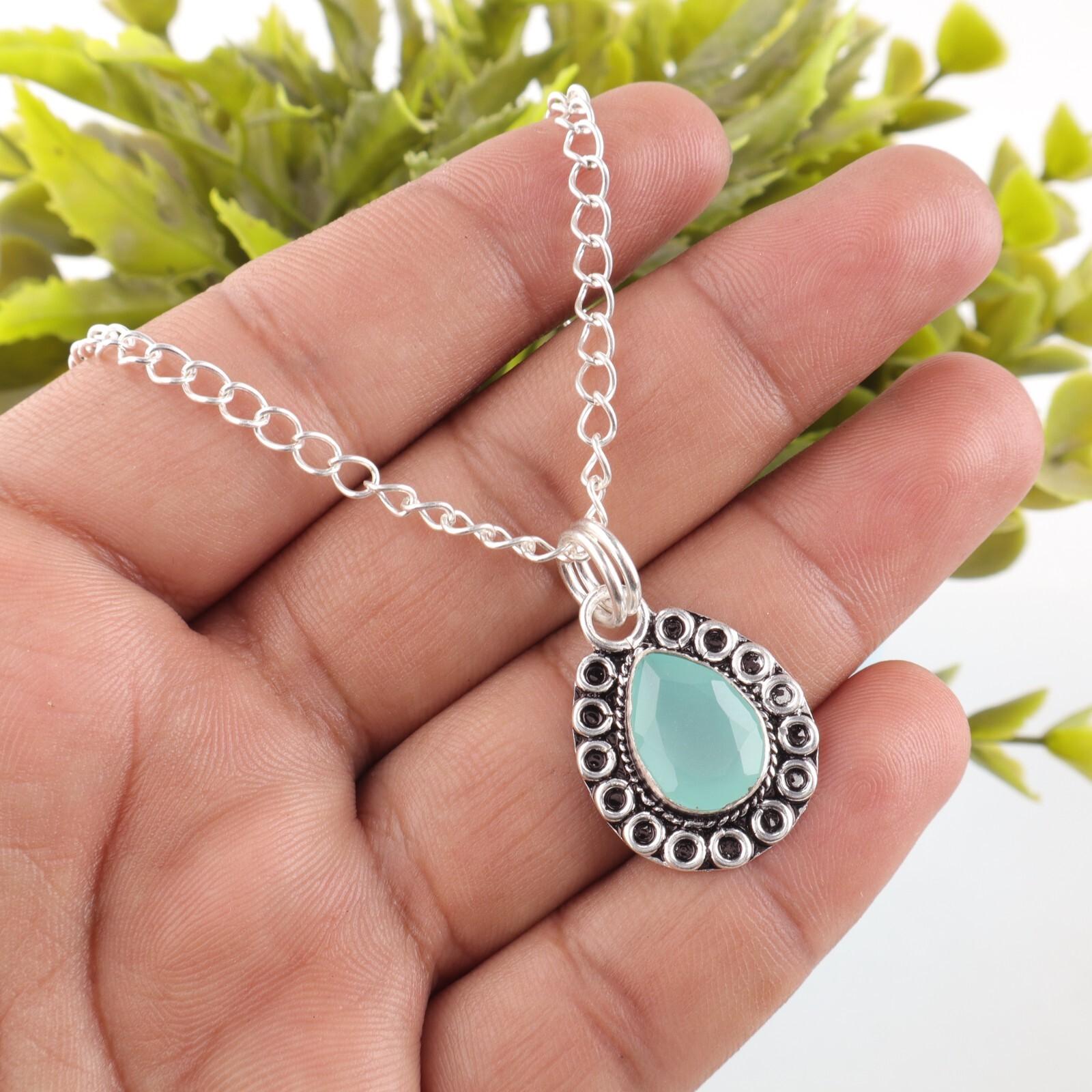 

Pear Aqua Chalcedony Stone 925 Sterling Silver Elegant Best Sisters Gift Pendant PP-26-17