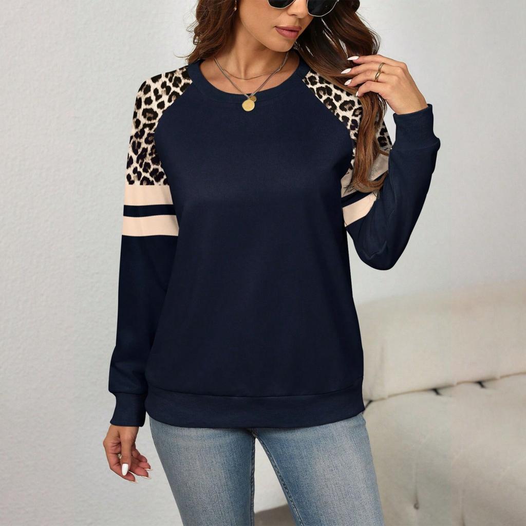 Women's Round Neck Leopard Print Elegant Work Sweatshirt Top