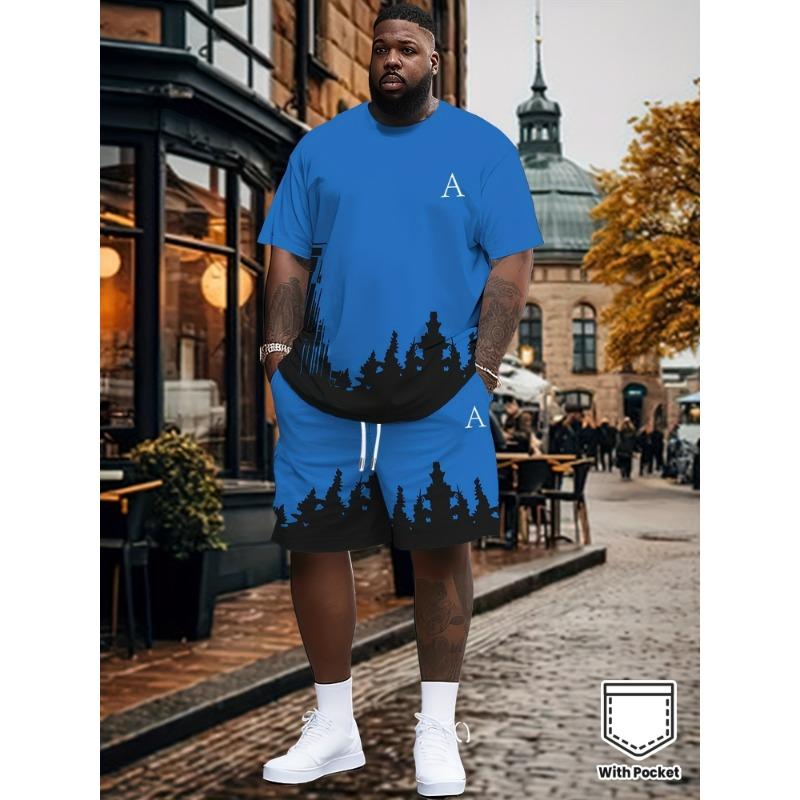 Men s Summer Forest Print Set: Blue Tee with Black Tree Silhouette & Matching Shorts. Loose Fit Big Size for Outdoor & Camping S синий