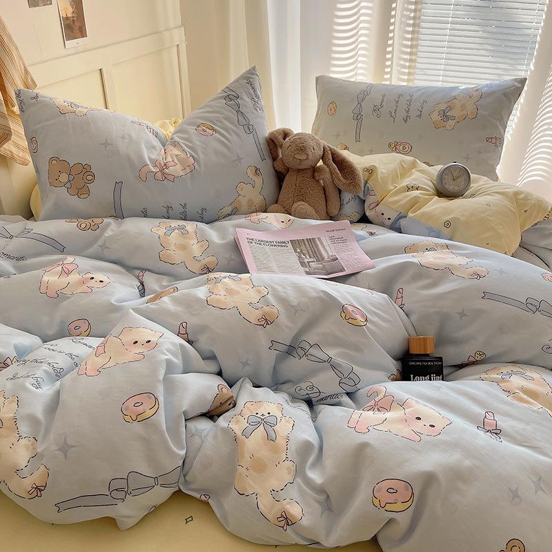 100% Pure Cotton Bed Four-piece Set Skin-friendly Water Wash Bed Sheet Quilt Cover Pillowcase Set