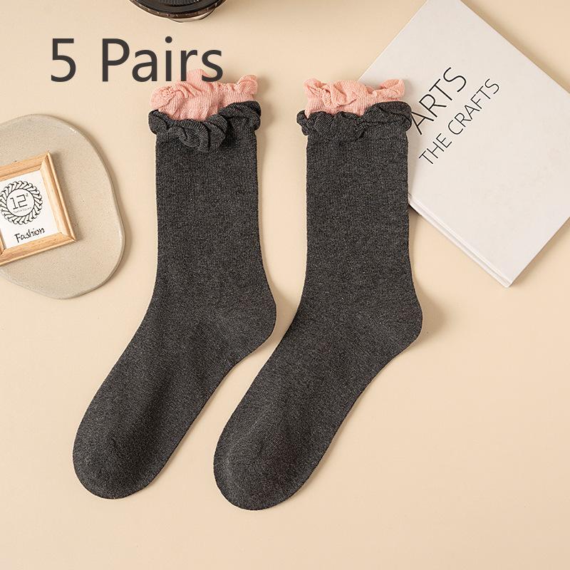 5 Pairs Grey Socks Women's Cotton Yarn Mid-calf Socks Spring and Autumn Tide Jk Clashing Ballet Style Lace Stacked Socks Autumn