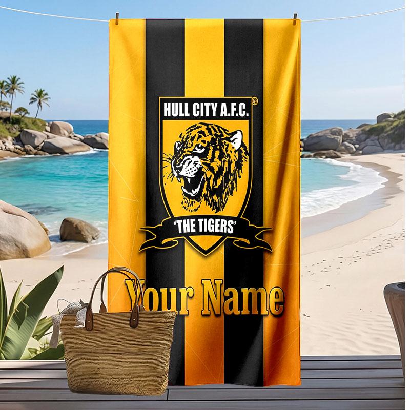 Asciugamano da Spiaggia Personalizzato Stampato Hull City Logo Calcio Supporto Nome Personalizzato Testo Asciugamano Assorbente Per Sport Viaggio Regalo Speciale