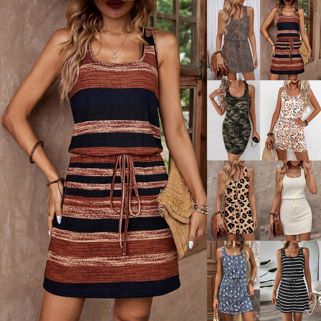 Ladies Summer Fashion Casual Floral Print Sleeveless Round Neck Short Dress