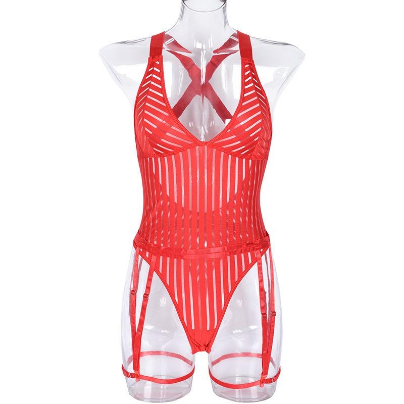 New sexy hollow striped cross suspender one-piece erotic underwear set